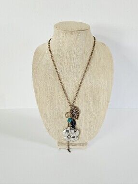 Vintage Y2K Copper Dangle Boho Feather Flower Pendant Charm Long Chain Necklace